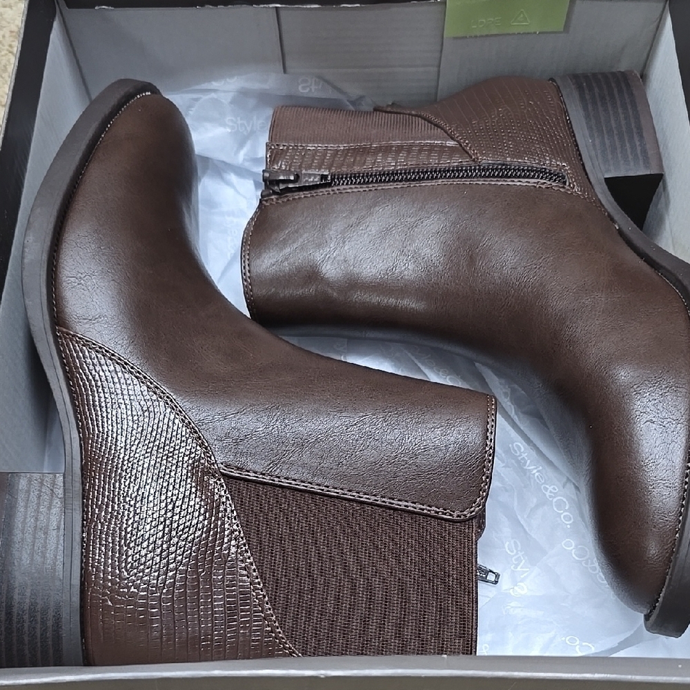 Style & Co. Brown Ankle Booties with Textured Panels